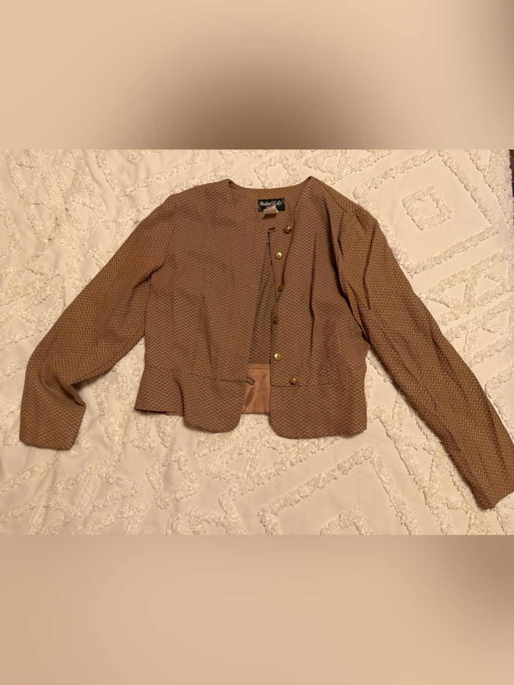 Vintage Tailored Brown Chevron Crop Blazer with Gold Buttons